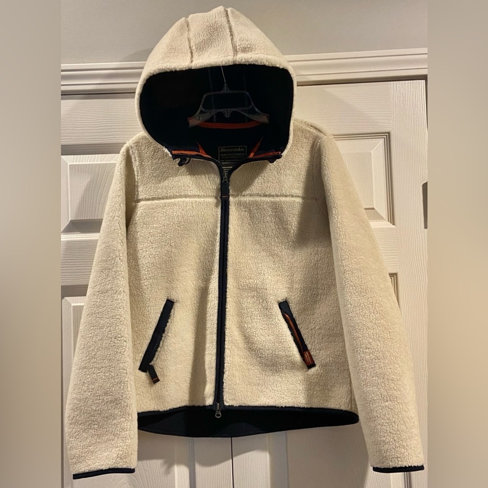 Abercrombie & Fitch Sherpa Jacket Coat W/Hood Cream White Full Zip Sz L  $150